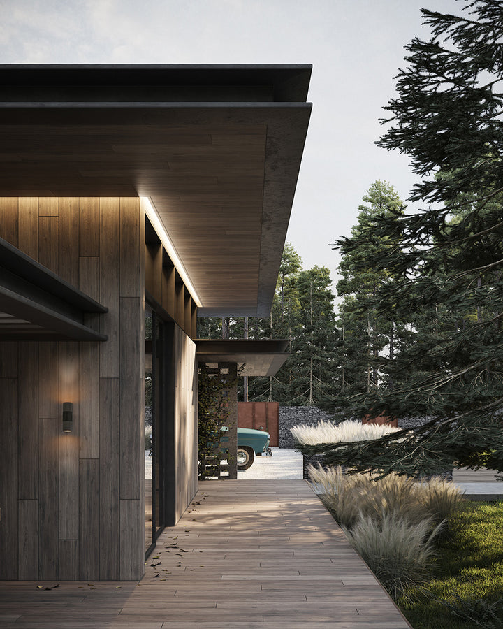 Exterior view showing the W0100 architectural wall light installed on a modern facade.