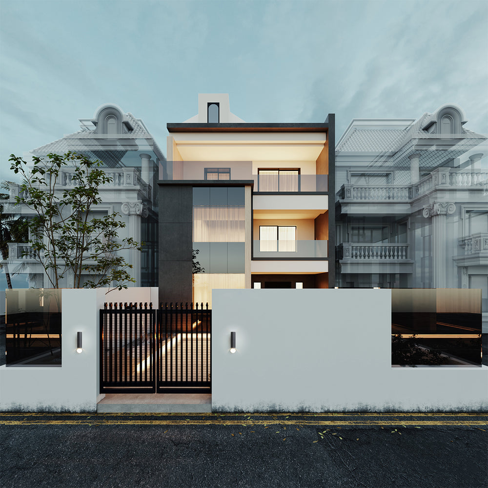 Modern exterior application of the W1432 wall light installed on a contemporary house facade.