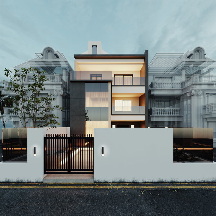 Modern exterior application of the W1432 wall light installed on a contemporary house facade.