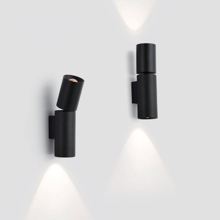 W77 black architectural wall light with adjustable top light and up-down illumination.