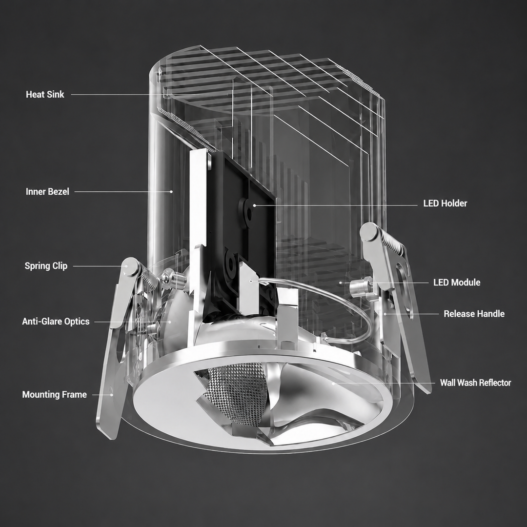 Architectural wall washer downlight showing internal construction with heat sink, LED module, anti-glare optics and asymmetric wall wash reflector.