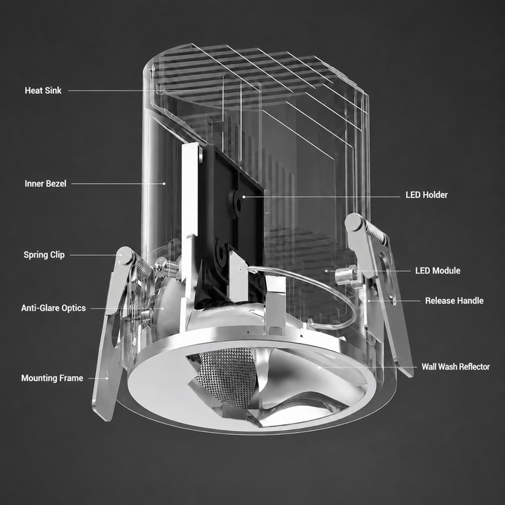 Architectural wall washer downlight showing internal construction with heat sink, LED module, anti-glare optics and asymmetric wall wash reflector.