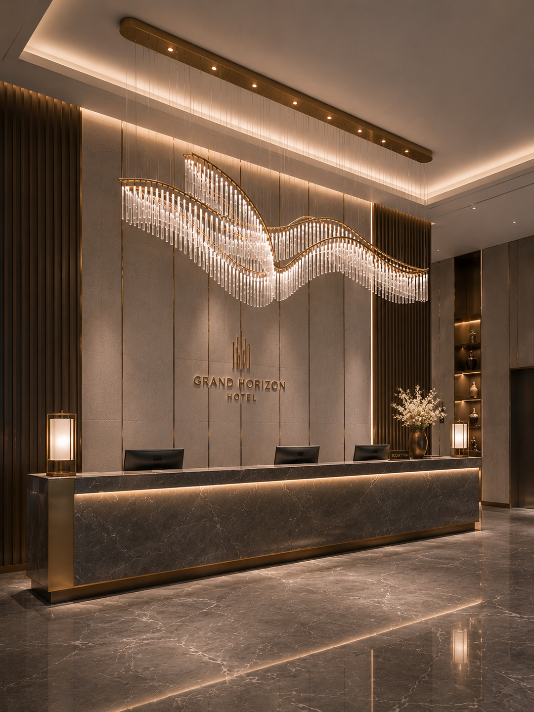 Wave-form hand-blown glass linear pendant above a luxury hotel reception desk with gold stainless steel frame detail, angled view with warm lighting and floral arrangement, Eden Custom Linear Pendant by Lucretia