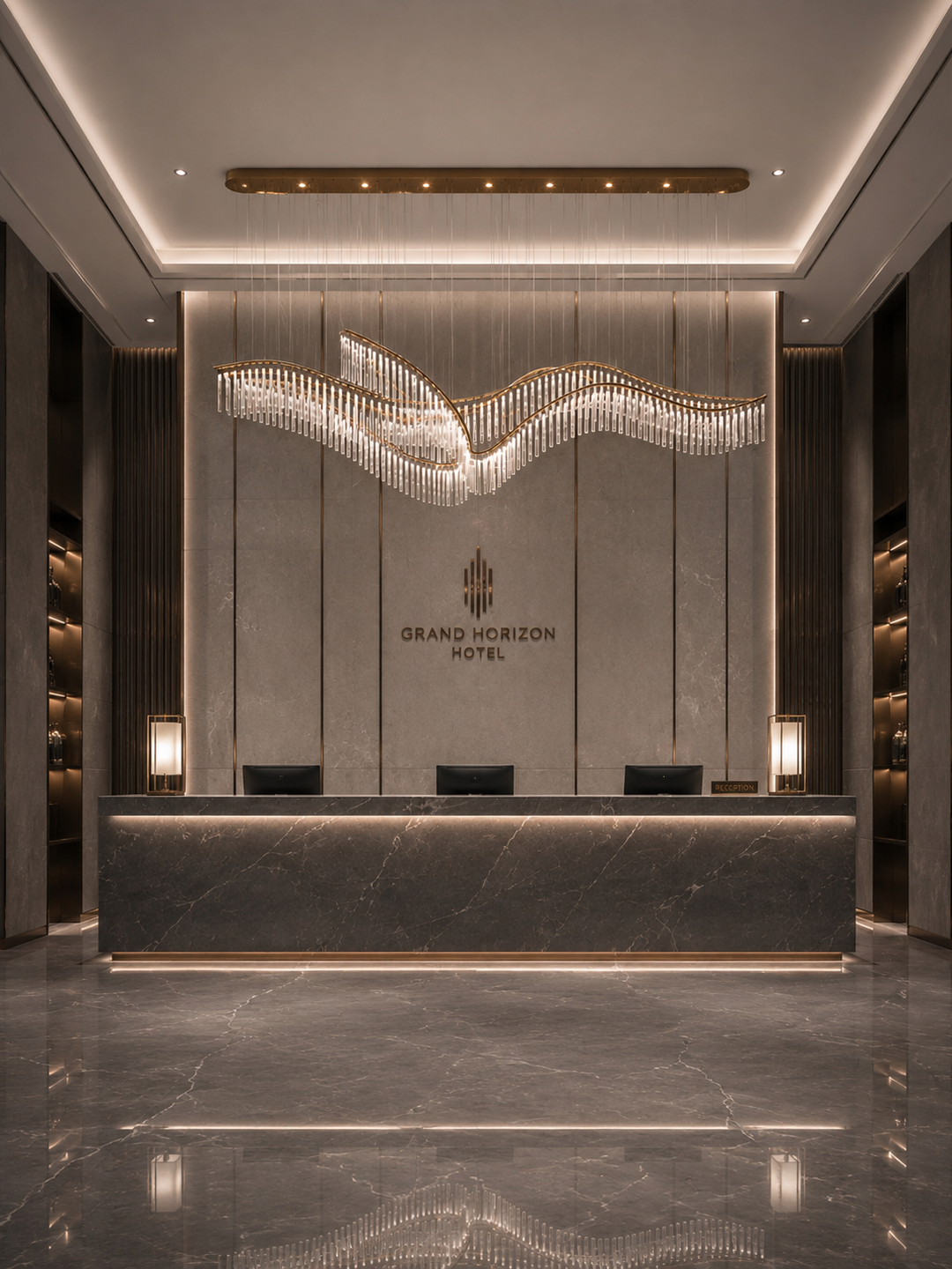 Wave-form hand-blown glass linear pendant above a luxury hotel reception desk with gold accents and grey marble flooring, front symmetrical view, Eden Custom Linear Pendant by Lucretia