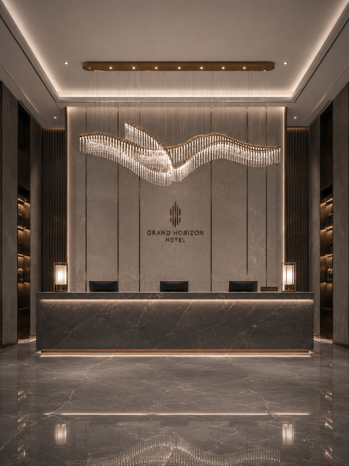 Wave-form hand-blown glass linear pendant above a luxury hotel reception desk with gold accents and grey marble flooring, front symmetrical view, Eden Custom Linear Pendant by Lucretia