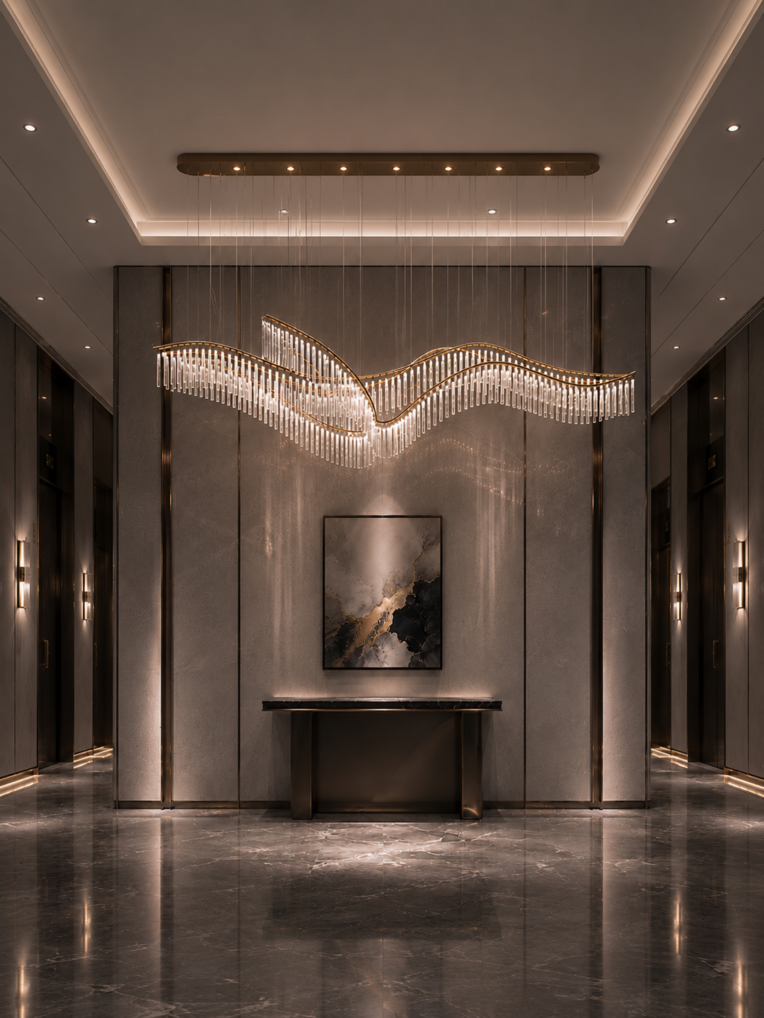 Wave-form hand-blown glass linear pendant in a luxury hotel lift lobby corridor with symmetrical wall lights, abstract artwork and grey marble flooring, Eden Custom Linear Pendant by Lucretia