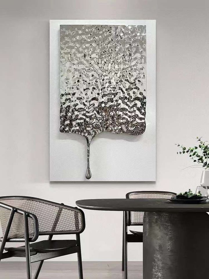 WaveForm 304 stainless steel panel displayed as a sculptural wall art feature with textured metal surface