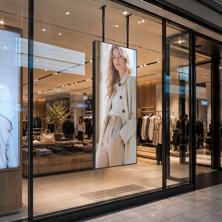 Double-sided LED display mounted inside a retail shop window visible from both directions