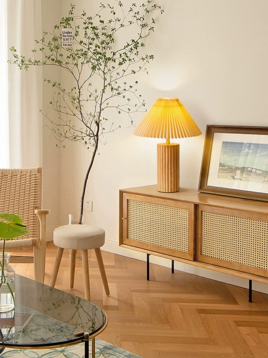 Wood bedside table lamp styled in a modern natural interior, providing soft warm light suitable for bedrooms, study desks and living rooms.