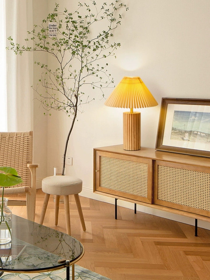 Wood bedside table lamp styled in a modern natural interior, providing soft warm light suitable for bedrooms, study desks and living rooms.