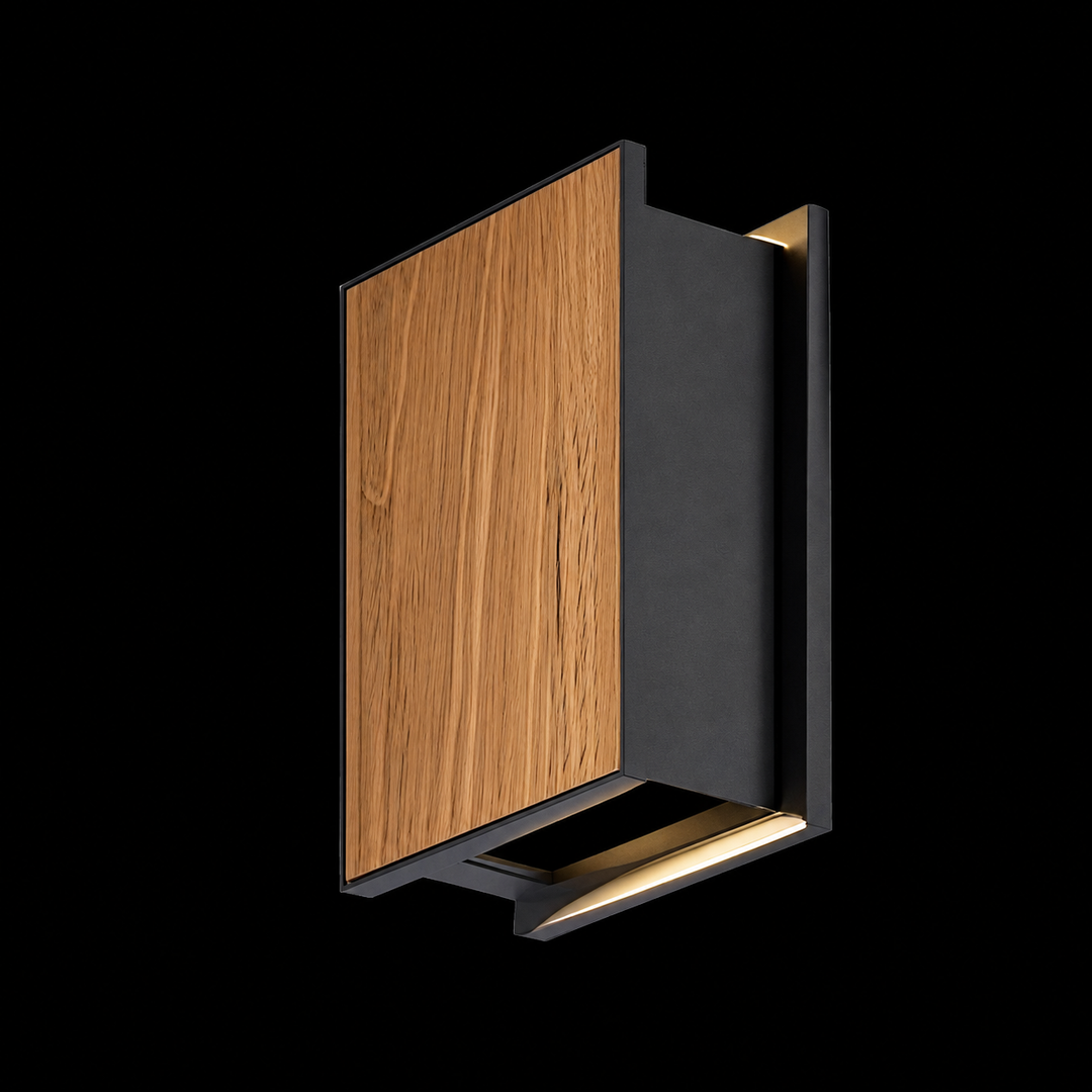 Modern wood outdoor wall light featuring a solid timber front panel, aluminium body and concealed LED for contemporary architectural exterior lighting.