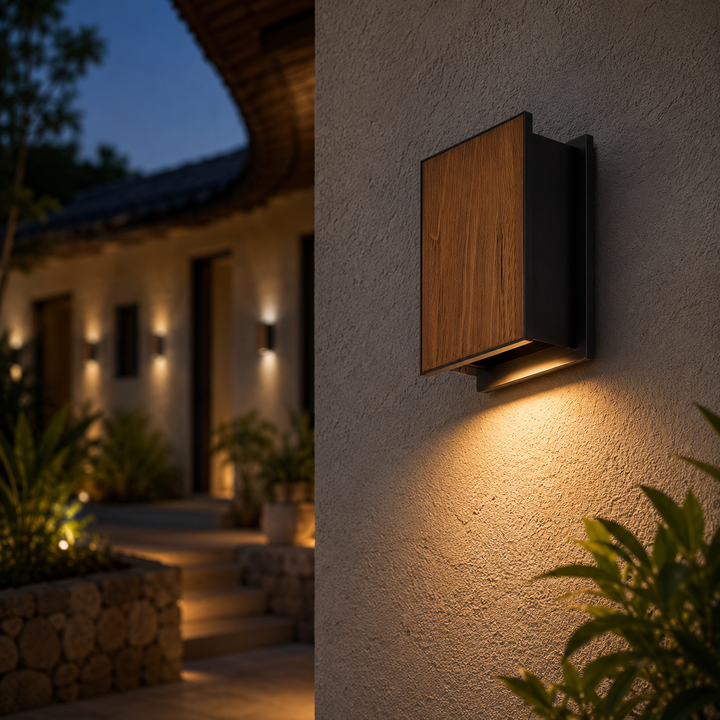 Modern wood outdoor wall light with solid timber front panel and aluminium body installed on a luxury home exterior, providing warm architectural LED illumination.
