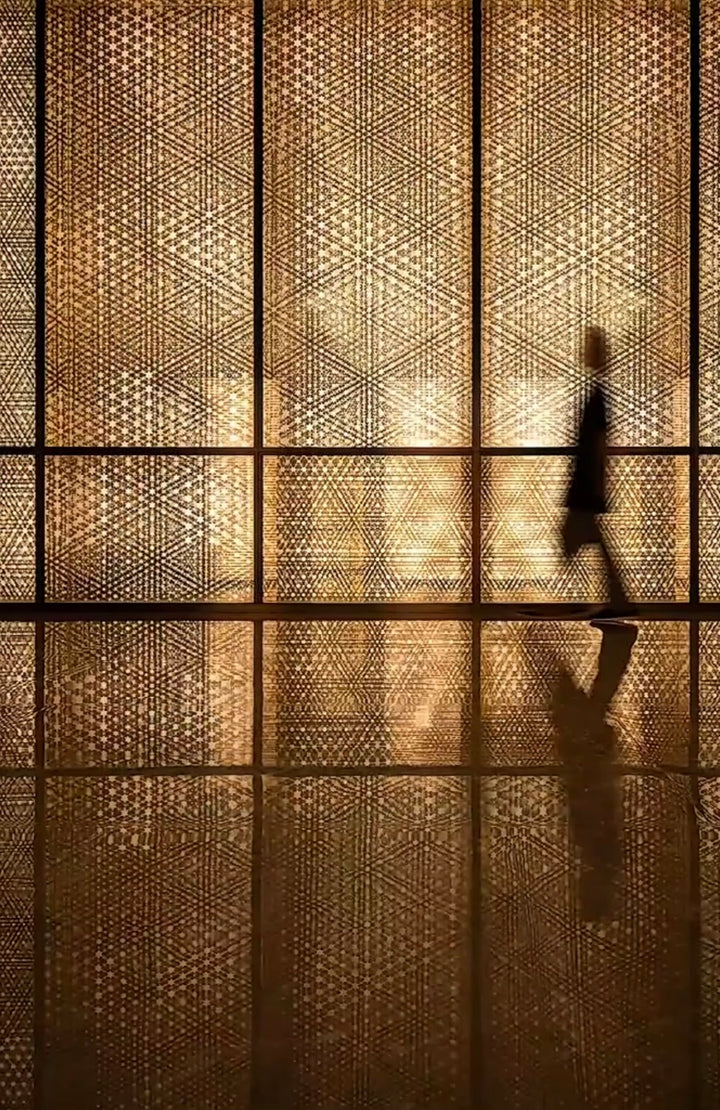 Woven bamboo decorative wall panels with textured pattern and backlit design for interior spaces