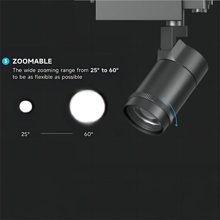 Zoomable museum LED track light with adjustable 25 to 60 degree beam for artwork lighting
