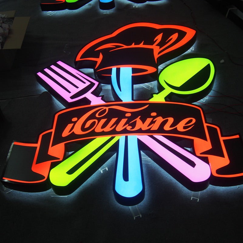 3D front and back lit channel letter sign for restaurant logo, custom LED signage for hospitality branding in Australia