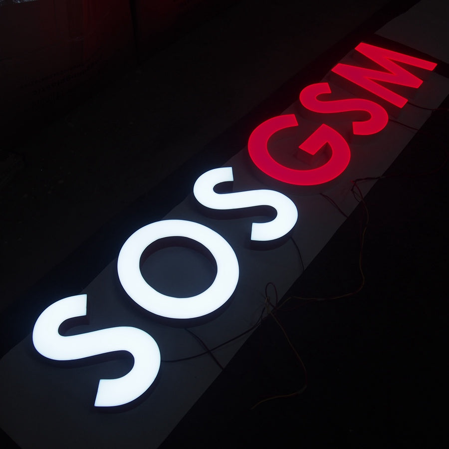 3D LED front lit channel letter sign with white and red illuminated acrylic letters for outdoor commercial signage