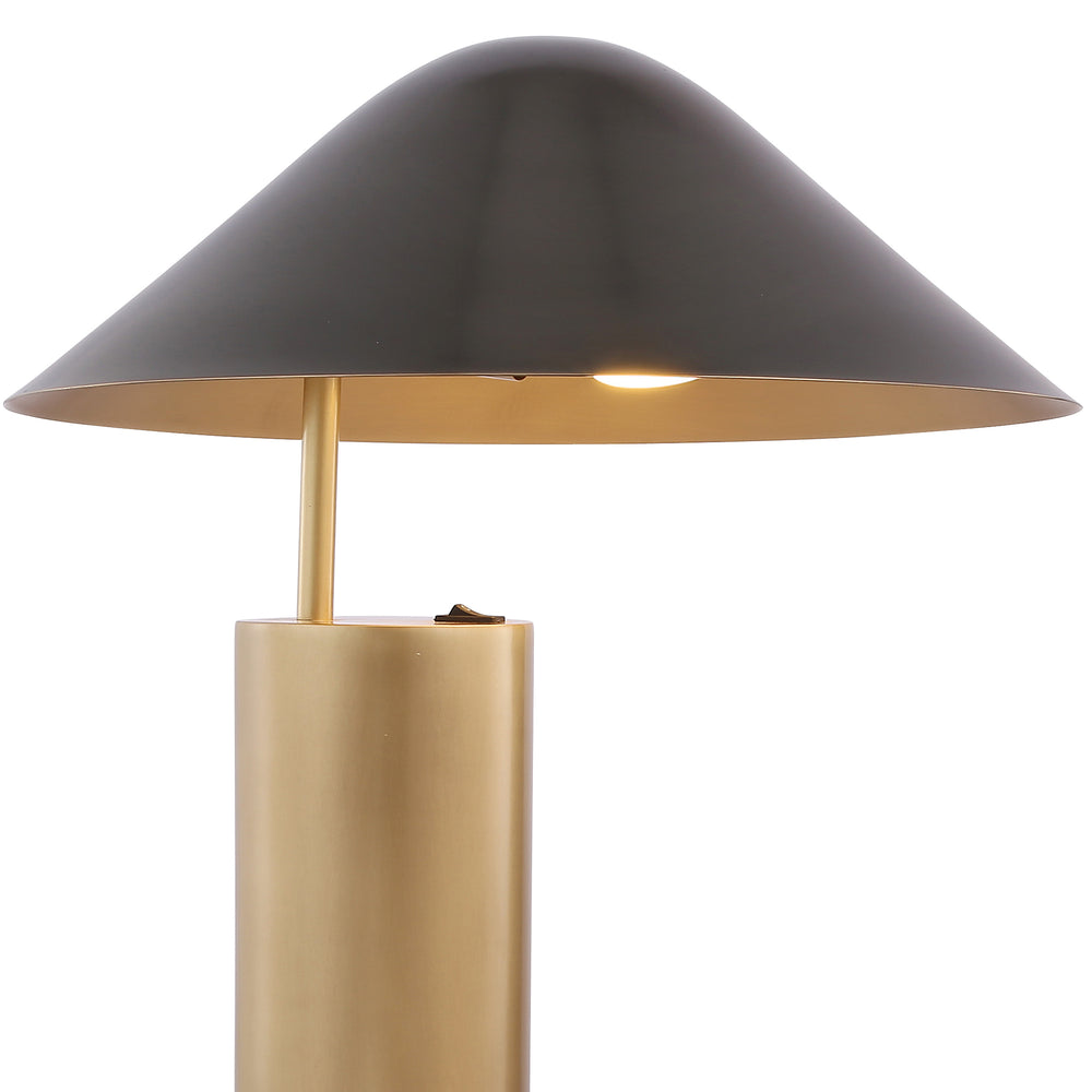 Side view of black dome brass table lamp, ideal for console styling, bedside lighting and modern home decor.