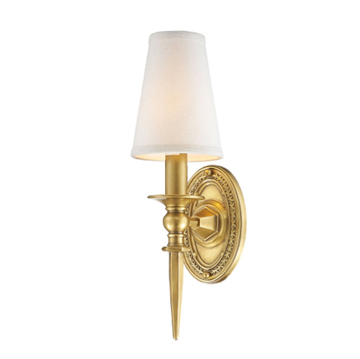 boston brass wall lamp with classic brass frame and fabric shade designer bedside wall light for hallways bedrooms and living spaces