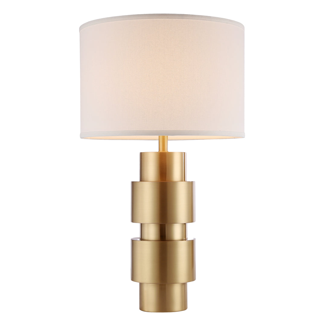 Luxury brass table lamp with tiered metal base and fabric shade, offering warm ambient lighting for bedrooms and elegant living spaces.