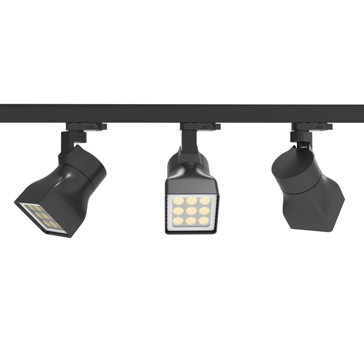 Commercial LED track lighting system featuring Muse Plus wall washer and spot fixtures for uniform wall illumination in retail, showroom and exhibition environments