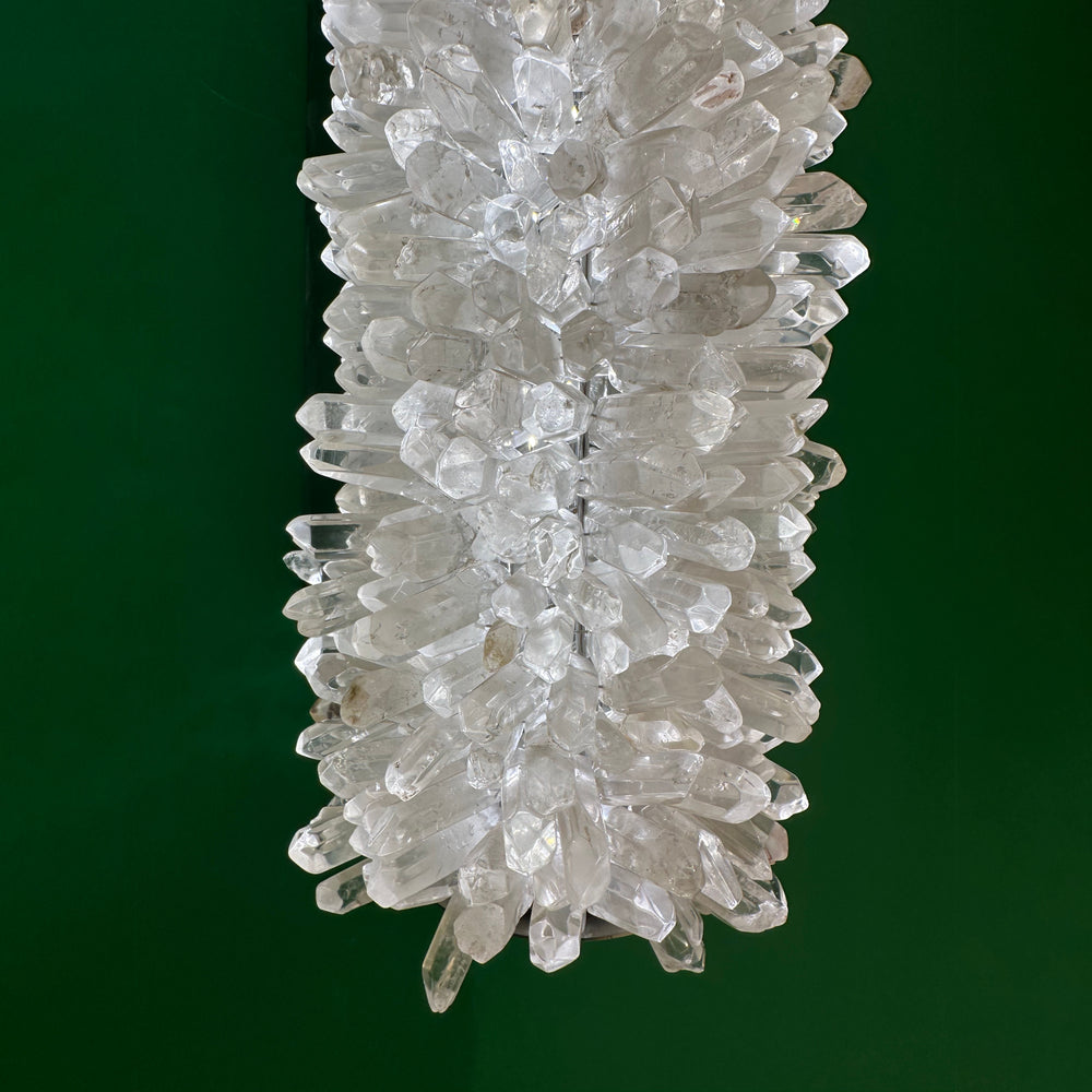 Close-up of Torre de Cristal crystal wall light featuring hand-arranged crystal clusters and premium stainless steel base, luxury indoor wall lamp for modern interiors