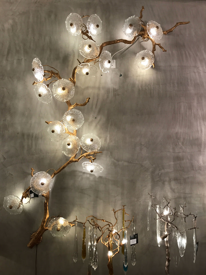 Vertical Desert Rose Brass Wall Light featuring artisan glass globes and warm ambient glow