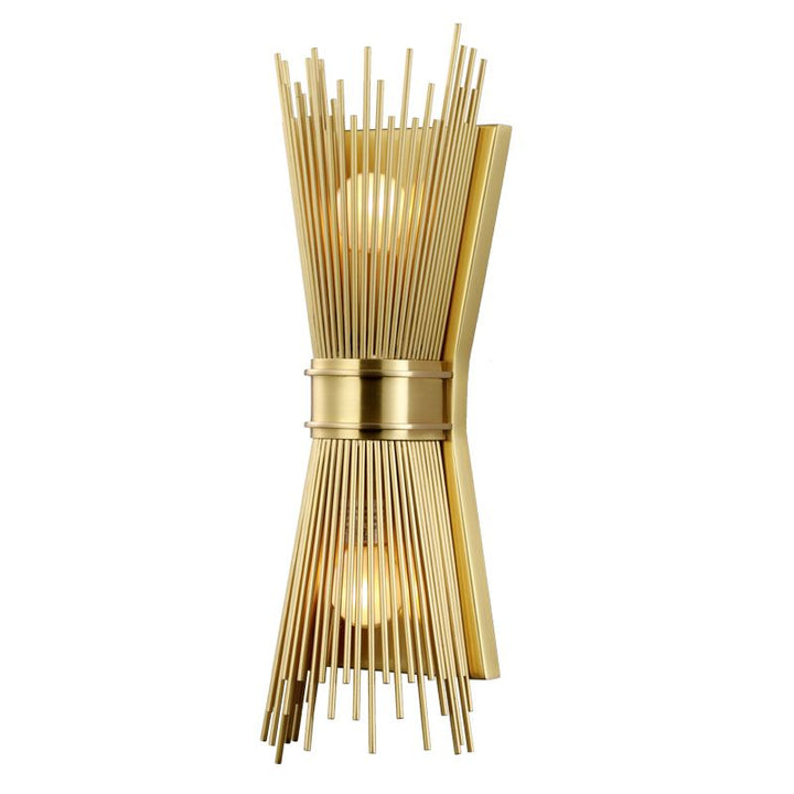 modern brass rod designer wall light shown on white background suitable for indoor wall lighting dining areas hallways and elegant contemporary home décor