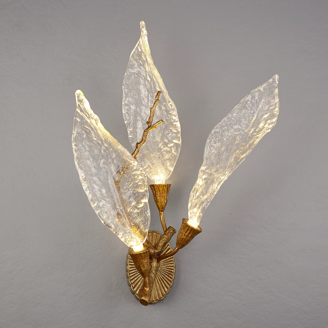 Flora wall lamp with hand-engraved brass and sculpted glass leaves, modern decorative wall light for living rooms, bedrooms and feature walls