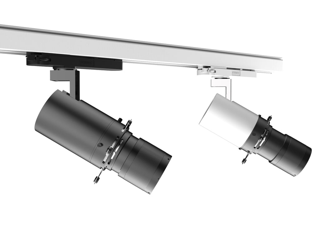 Gallery track projector with precise framing for artwork and display lighting