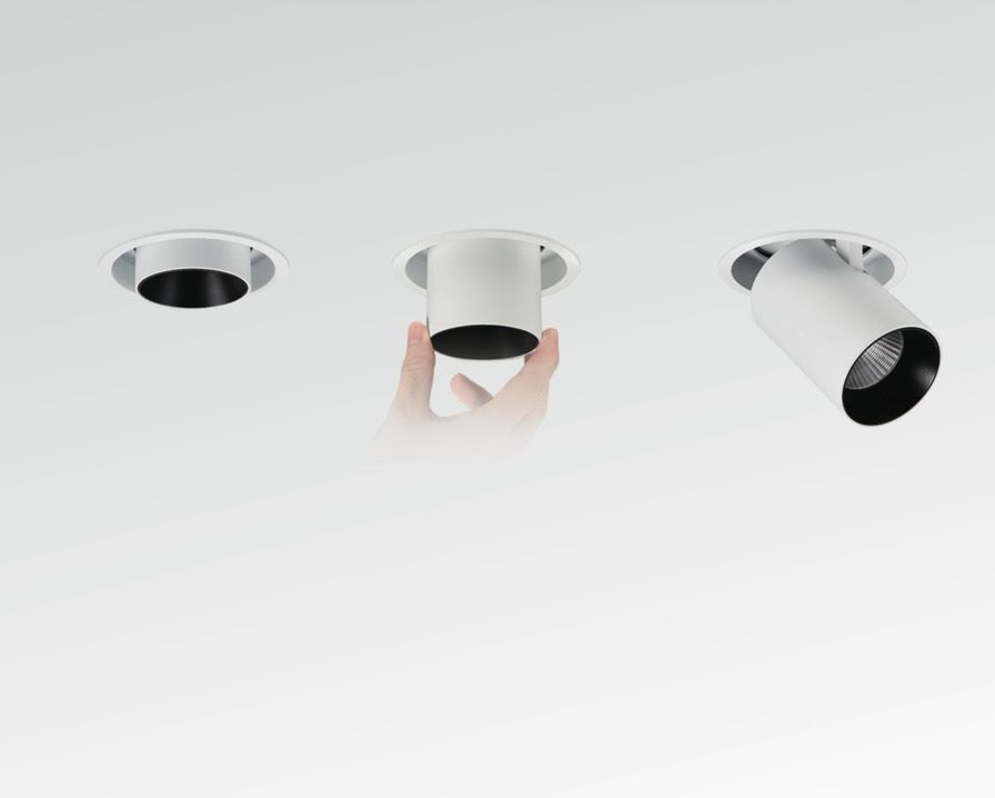 Grande DL10 Ø95 recessed spotlight installation showing dual function as downlight and adjustable accent light, ideal for artwork and wall lighting in modern interiors