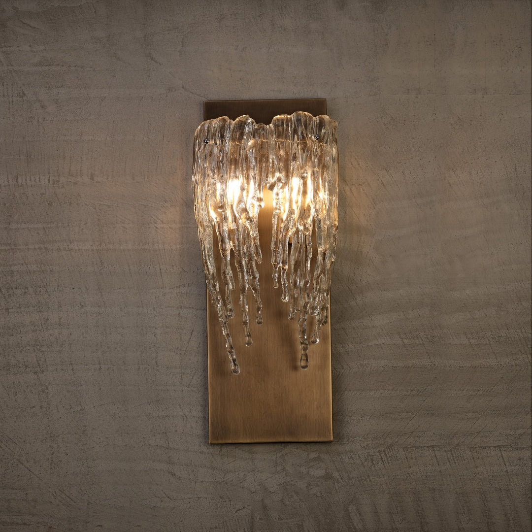 Icicle Waterfalls Wall Lamp with textured cascading glass and brass body, modern LED wall light for luxury living rooms, bedrooms, hallways and interior ambient lighting