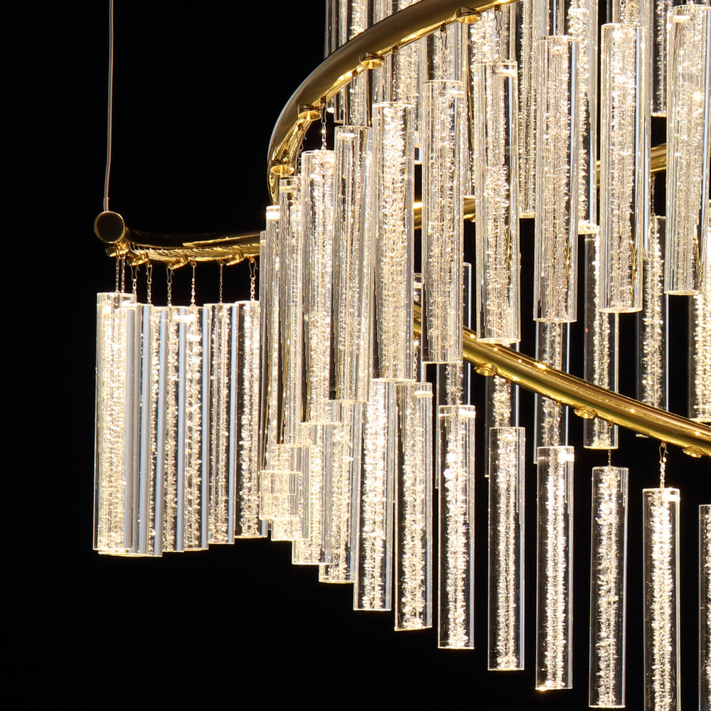 Side view of Lucretia Eden custom pendant 16A showing layered hand blown crystal glass tubes and curved metal structure