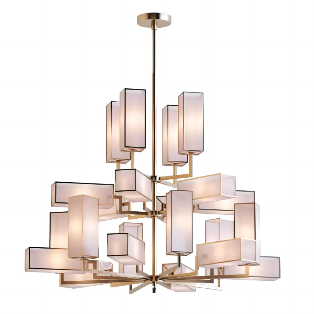 Lucretia Empire brass chandelier with fabric shades front view for luxury living room and hotel lobby lighting