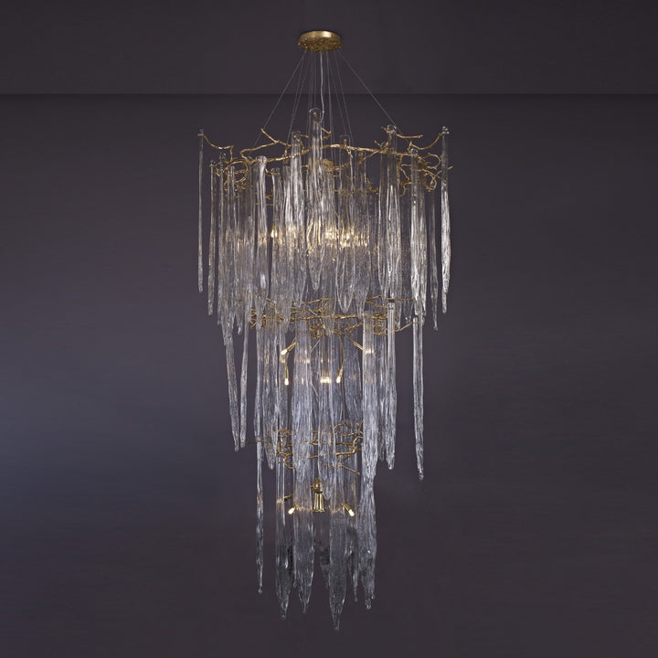 Lucretia Glacier brass 3 tier chandelier with cascading icicle crystal glass for luxury staircase, foyer and grand void lighting