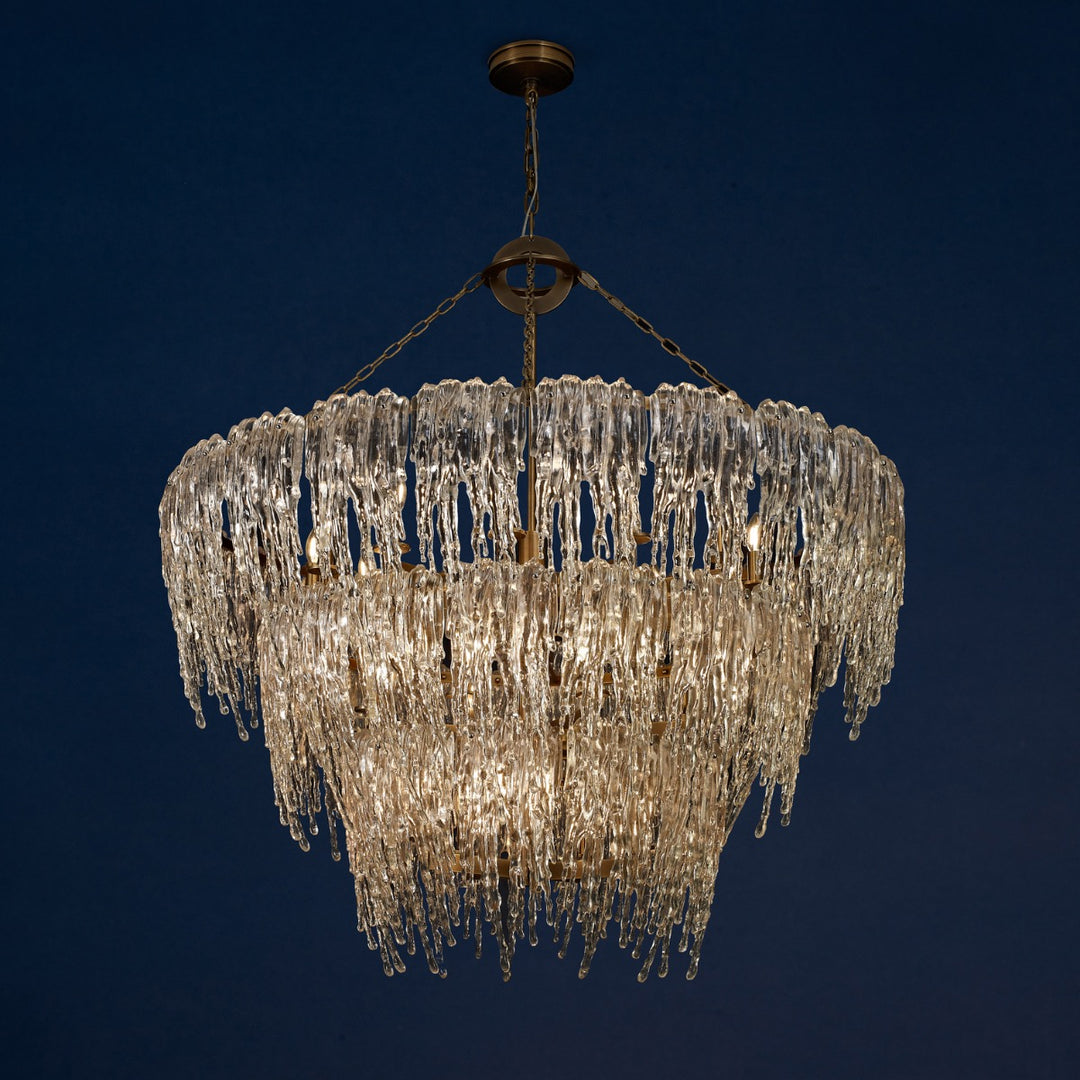 Lucretia icicle 3 tier waterfalls chandelier with cascading crystal design for luxury dining room, staircase void and hotel feature lighting