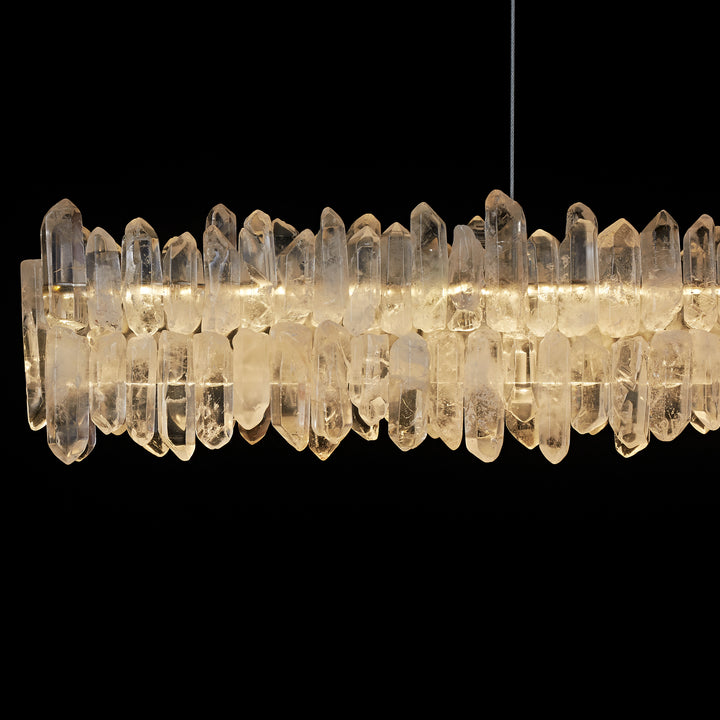 close up of Belo Glacia crystal linear pendant with double layer crystal structure and soft integrated LED illumination