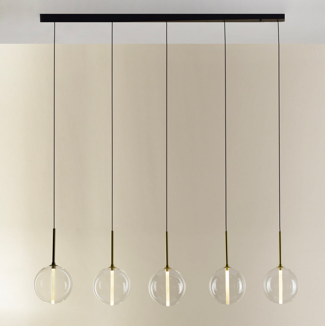 Bolle 5B Pendant Light by Lucretia Lighting featuring five suspended glass spheres on a linear canopy for modern interiors