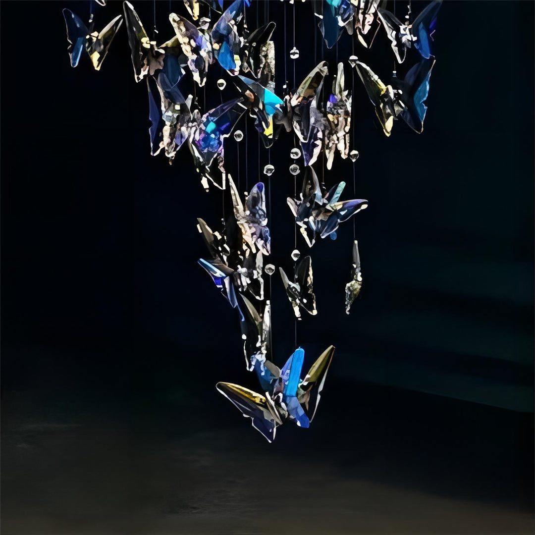 Lucretia Lighting butterflies crystal custom pendant displayed as a bespoke artistic lighting feature with suspended crystal butterfly elements