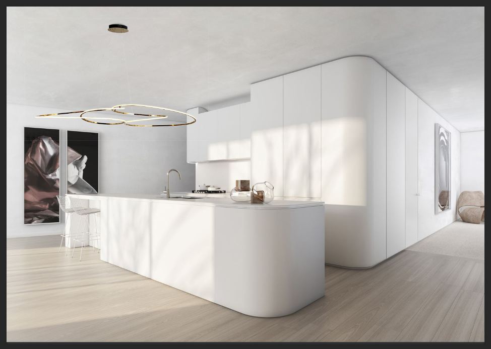 Lucretia Lighting Concordia linear pendant light installed above modern kitchen island as a luxury feature light