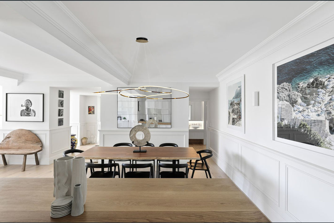 Lucretia Lighting Concordia sculptural linear pendant featured in a contemporary open plan living space