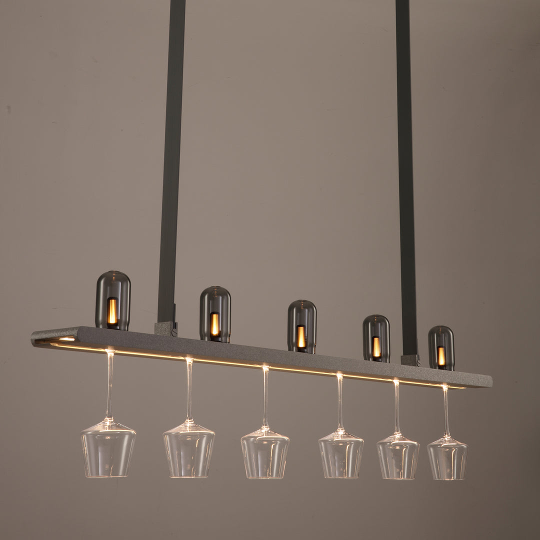 Connaught Bar Linear Pendant Light by Lucretia Lighting showcasing designer bar lighting with integrated wine glass holder and warm LED illumination