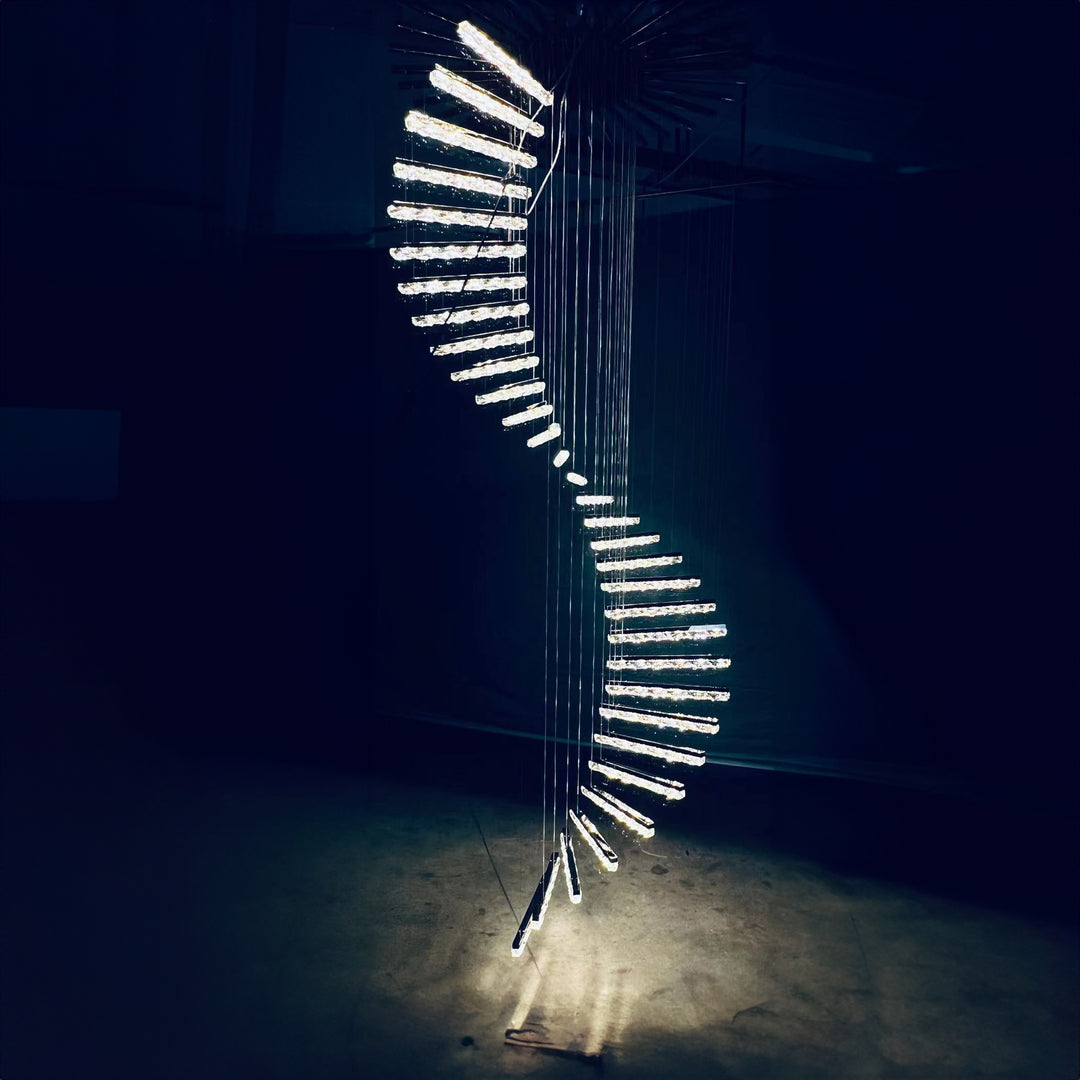 Lucretia Lighting Escalier de Cristal custom pendant shown as a bespoke spiral crystal staircase light for luxury interiors