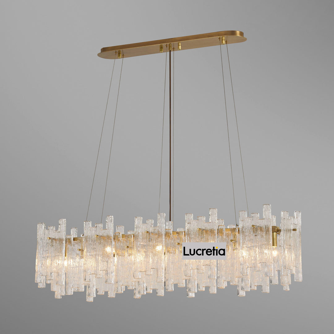 Eve 1300 Linear Pendant Light by Lucretia Lighting featuring luxury hand-cut glass panels and brass frame