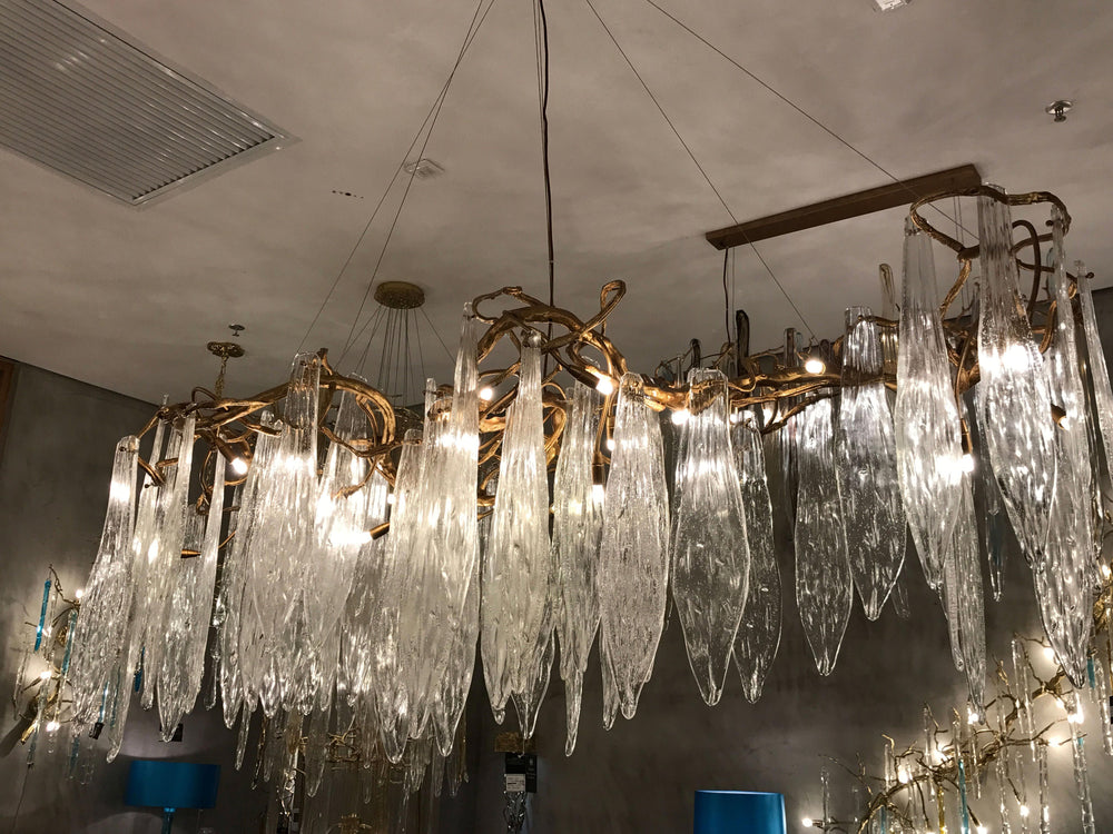 Glacier Brass Oval Chandelier by Lucretia Lighting with suspended glass icicles for modern interior lighting