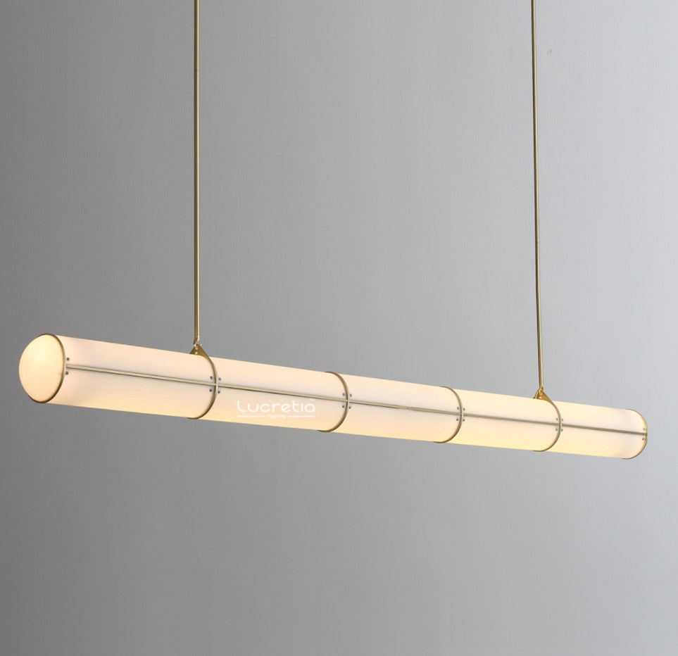 Golden T5 Tube Pendant Light 2340 by Lucretia Lighting showcasing a long designer linear LED tube with soft gold finish and frosted opal diffuser