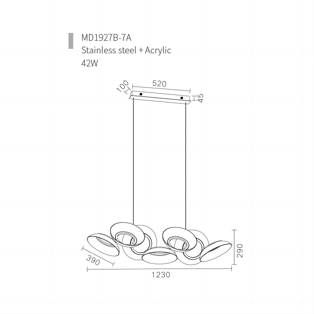 technical drawing and dimensions of the Helios 1230 designer linear pendant light by Lucretia Lighting