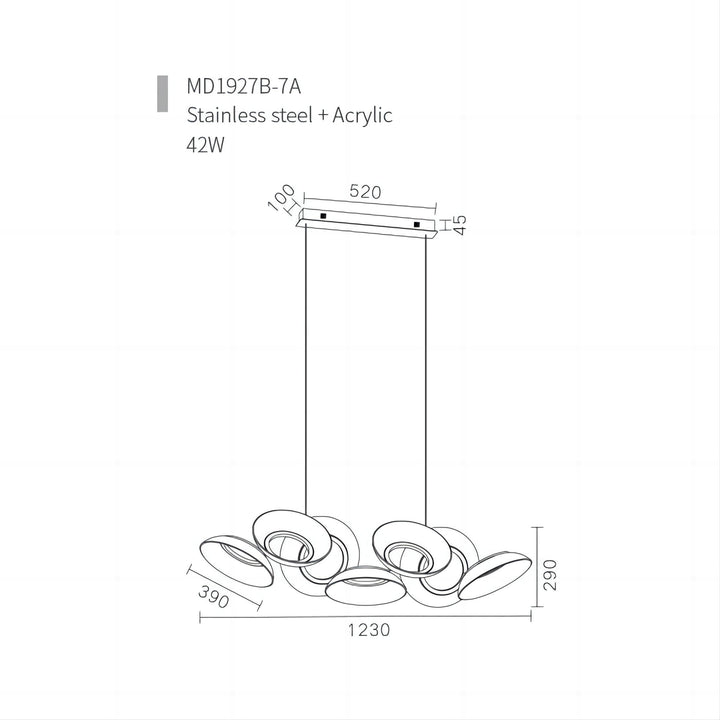 technical drawing and dimensions of the Helios 1230 designer linear pendant light by Lucretia Lighting