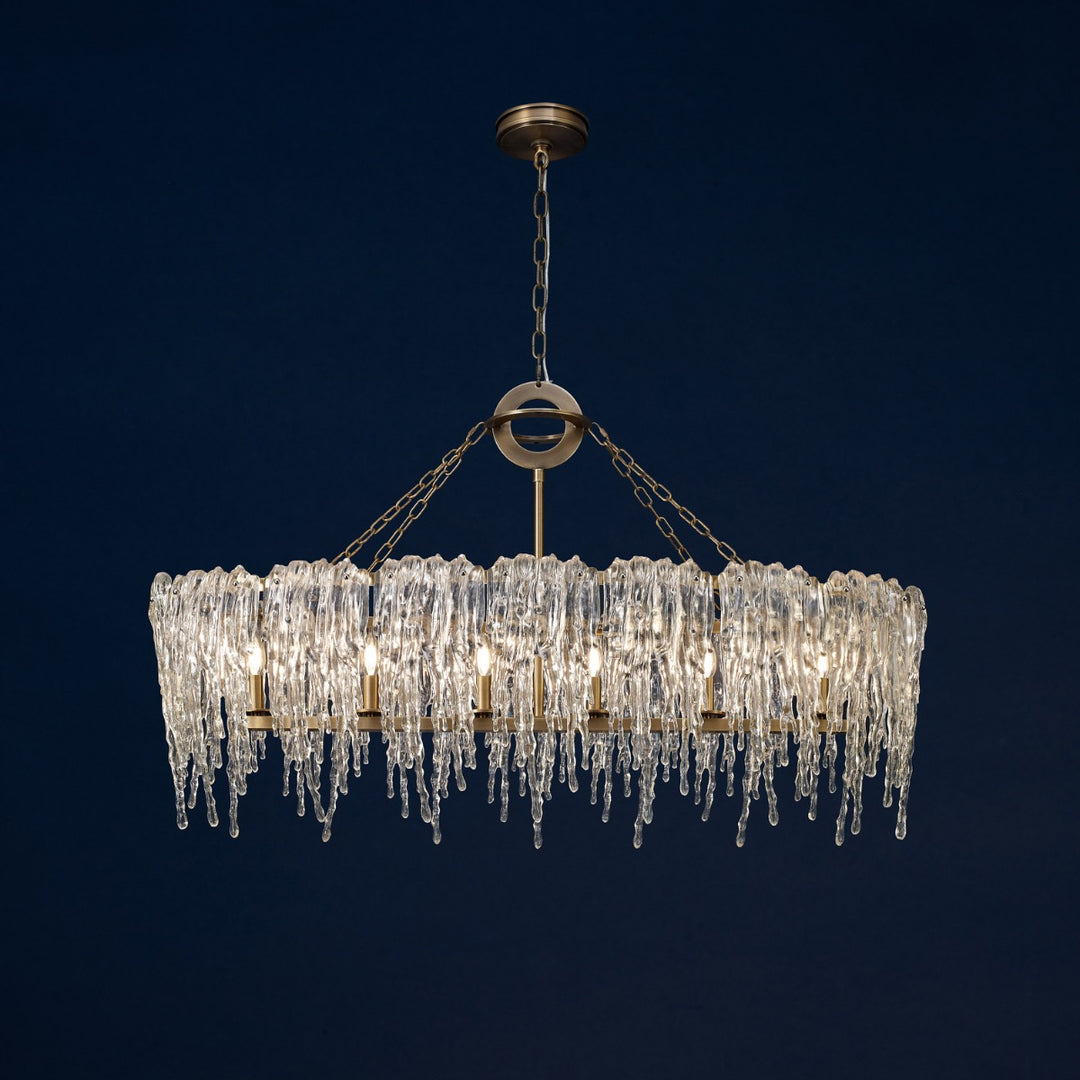 Icicle Waterfalls Oval Chandelier by Lucretia Lighting with brass frame and resin icicle drops as a luxury designer chandelier