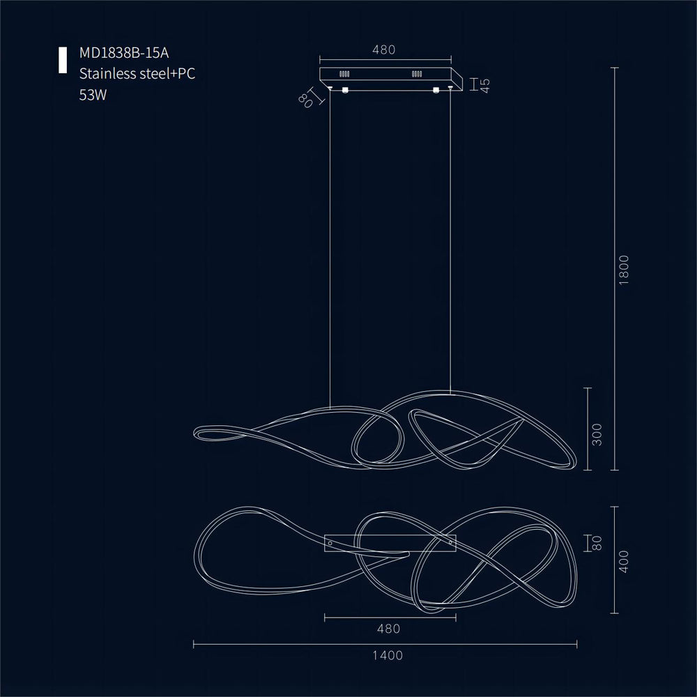 Lucretia Lighting Kyma pendant light technical drawing showing customisable sculptural wave dimensions