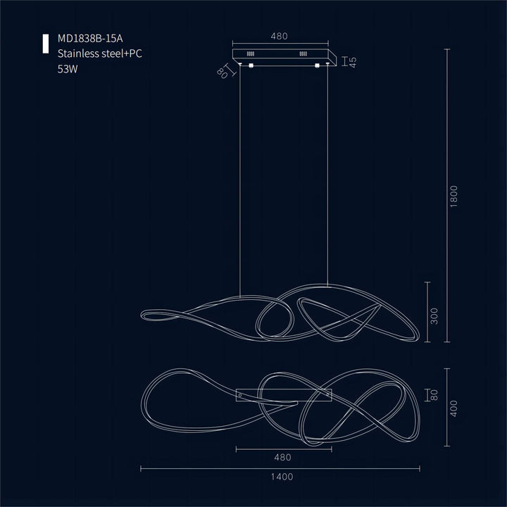 Lucretia Lighting Kyma pendant light technical drawing showing customisable sculptural wave dimensions